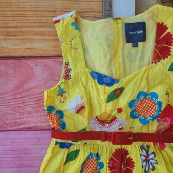 ModCloth Yellow Biking Through Brussels Retro Floral A-Line Mini Dress L - Picture 3 of 6